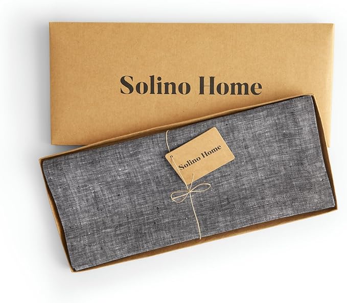 Solino Home Linen Small Table Runner 36 Inches - Athena, 100% Pure Linen Chambray Black Table Runner 14 x 36 Inch Ideal for Dresser and Coffee Tables - Winter