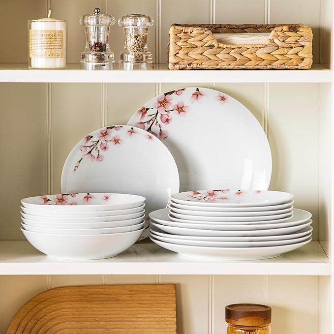 VEWEET 18 Pieces Dinnerware Sets for 6, Porcelain Plates and Bowls Set with Pink Floral, Classic Dishes Set Dining Ware for Dinner, Microwave and Dishwasher Safe, Series ANNIE
