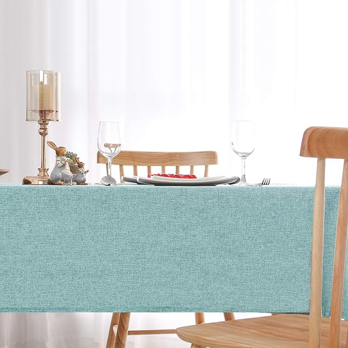Hiasan 2 Pack Faux Linen Rectangle Tablecloth - Wrinkle and Stain Resistant Washable Table Cloth for Kitchen Dining Room Holiday Table Cover for Party Dinner, Aqua, 54 x 80 Inch