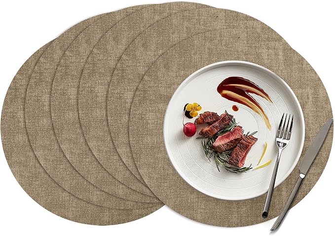 15 inch Faux Leather Round Placemats Set of 6 Non-Slip Washable Wipeable Table Mats, Heat Resistant Waterproof Oilproof Light Coffee Place Mats for Kitchen, Dining, Party, Indoor, Outdoor