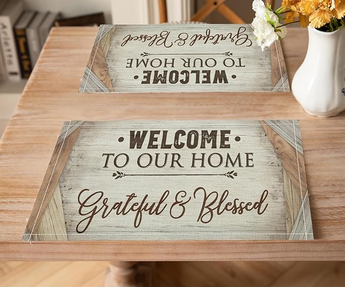 Vintage Farmhouse Placemat Set, Beige White Rustic Wooden Plank Patchwork Welcome Home Letter Inspirational Quotes Pattern Home Decor Linen Table Mats for Dining Room Kitchen Party (17x12in) x2P