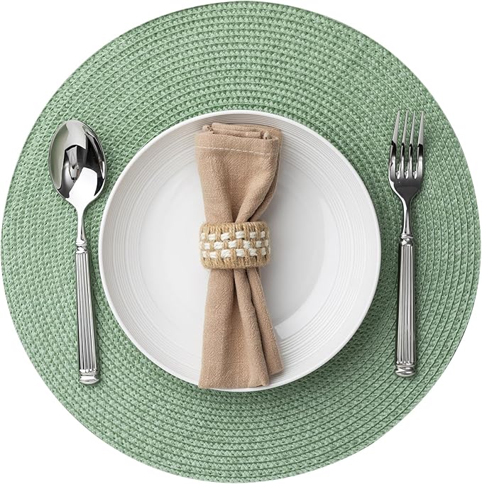 Round Placemats Set of 4 Plastic Woven Placemats Washable Wipeable Table Mats for Dining Table Heat Resistant Non-Slip Circle Place Mats (Green)