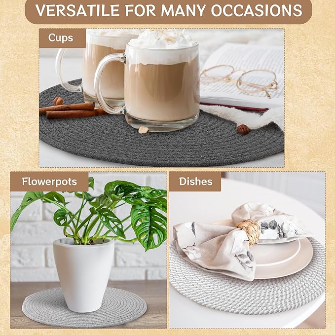 Kochorie Set of 4 Round Woven Cotton Placemats, 13 Inch Boho Table Mats for Kitchen and Dining Table, Farmhouse Heat Resistant Washable Trivets, Fall Thanksgiving Christmas Décor (Mixed Gray)