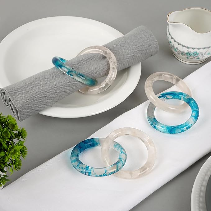CLEENTABLE Epoxy Resin Napkin Ring - Set of 8 Interlocked Handmade Farmhouse Table Decor for Dining, Weddings, Holidays - Durable Elegant Napkin Holders for Special Occasion Blue Opaque