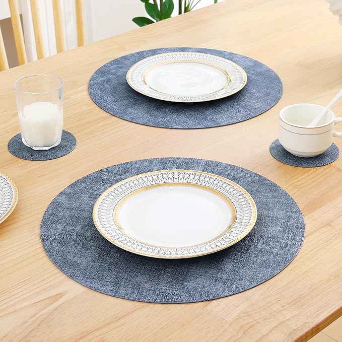 Homaxy Round Faux Leather Placemats and Coasters, Washable Dual-Side Table Mats, Wipeable Heat-Resistant Dining Place Mats for Outdoor and Indoor, Set of 8, Diameter 13 and 3.93 inch, Blue