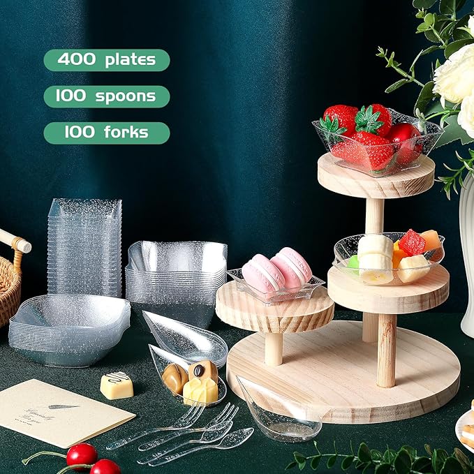 Tessco 800 Pcs Mini Appetizer Plates Set Including 400 Disposable Dessert Plates Assorted Shape 200 Mini Plastic Forks 200 Plastic Spoons for Party(Clear, Silver,Classic)