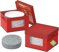 VERONLY China Storage Containers 2-Pack for Christmas and Holiday Dishes, Hard Shell Stackable Box with Felt Dividers, Holds 24 Fine Dinner Plates,Red