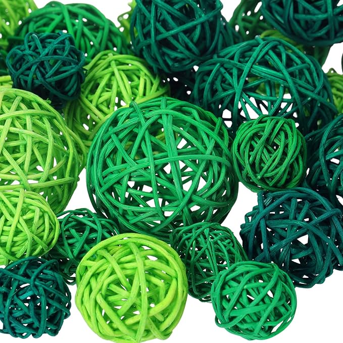 Patelai 36 Pcs Wicker Rattan Balls Decorative Balls for Vase Centerpiece Bowls Orbs Filler for Home Decor,4 Sizes (Dark Green, Grass Green, Fluorescent Green,2.4'',2'',1.6'',1.2'')