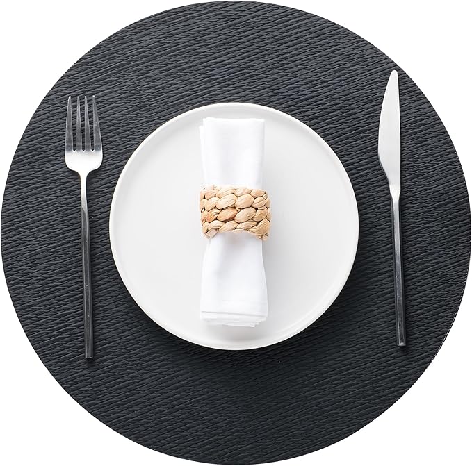 Jovono 15" Faux Leather Big Round Placemats Set of 4 - Washable Heat Resistant Non-Slip Dining Table Mats with Fabric Texture for Kitchen Home Party Decor, Black