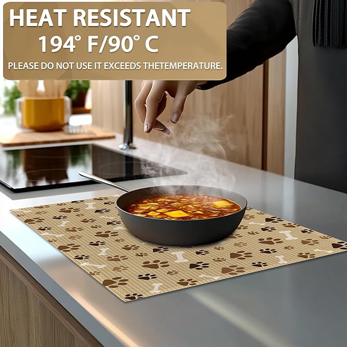 Dog Cat Paw Print Bones Placemats Set of 6,12x18 Inch Table Mats for Kitchen Table Washable Farmhouse Linen Table Mats Dining Decoration