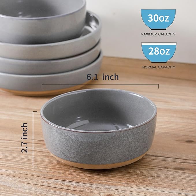 HASENSE 30 OZ Porcelain Soup Bowls, 6" Cereal Bowls - Dark Gray Ceramic Bowls Set of 6 for Soup, Cereal, Oatmeal, Fruit, Rice - Dishwasher & Microwave Safe