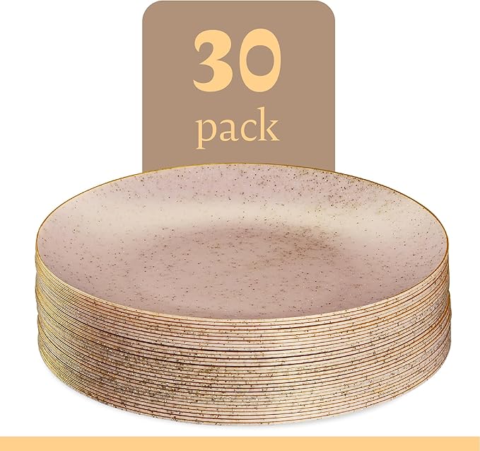 PLASTICPRO 30 Pack Disposable Plastic Plates Heavyweight Granite Look Elegant 10 inch Dinner Plates Pink with Gold Rim