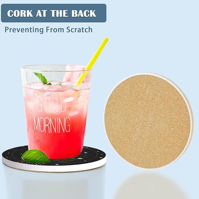 Coasters for Drinks,Golden Sun Moon Boho Absorbent Coaster Set of 4 with Cork Base,Ceramic Drink Coasters for Cold Drinks Wine Glasses Cups Mugs,Housewarming Gifts for Home Decor