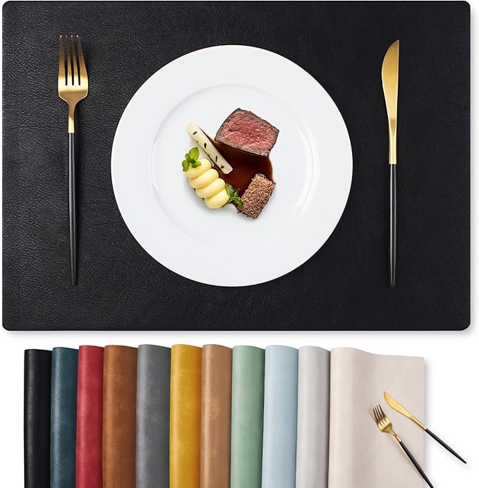 MOSAYT Vinyl Placemats Set of 6-12 X 17 Inch - Faux Leather 100% Waterproof Oil-Proof Wipeable PU Place Mats, Heat Resistant Reversible Table Mats for Kitchen, Dining, Outdoor (Black)