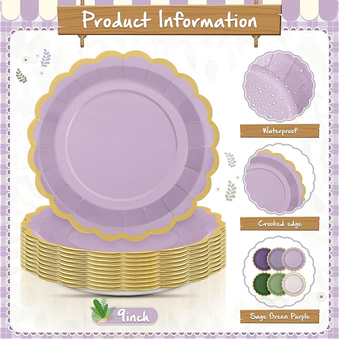 48 Pcs Sage Green Purple Paper Plates 9 Inch Lavender Scalloped Paper Disposable Dinner Dessert Plates for Birthday Wedding Bridal Party Supplies, 6 Colors
