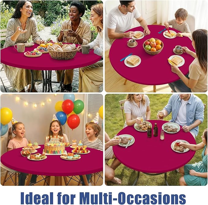Round Spandex Tablecloth 2 Pack, Elastic Fitted Waterproof Tablecloths for 57"-68" Tables, Stretch Washable Picnic Table Cover for Camping, Dining, Indoor and Outdoor, Fuchsia
