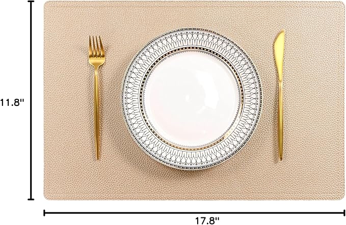 Faux Leather Gold Placemats, PU Table Mats, Set of 4, Waterproof, Heat Resistant, Non-Slip, Easy to Clean for Kitchen Dining Table,Conference Table