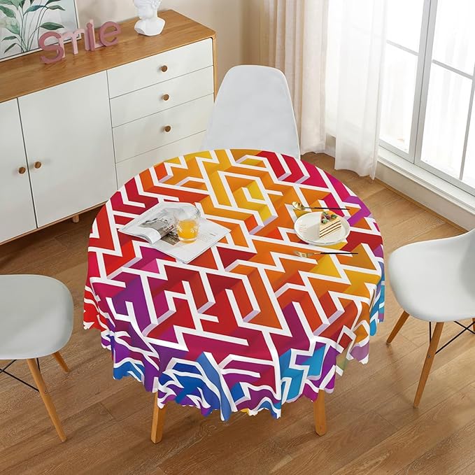 Laeacco 24 Inch Maze Round Tablecloth Colorful Labyrinth Texture Modern Geometric Abstract Art Print Table Cloth Washable Waterproof Wrinkle Free Table Cover for Kitchen Dining Picnic Party Decor
