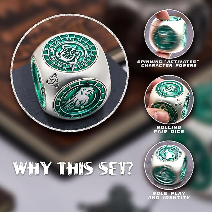 Spinner Metal DND Dice Set, 7-in-1 Polyhedral Dice Set for Tabletop RPG (Matte Green)