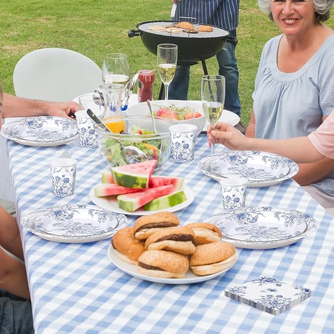 Kochorie 96 Piece Blue and White Floral Disposable Party Supplies Elegant Floral Paper Plates, Cups, and Napkins 9 Inch and 7 Inch Plates Serves 24 Guests for Birthday or Baby Shower