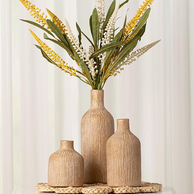 Ceramic Vase Home Table Decor - Gold Flower Vase Set of 3 Living Room Kitchen Decorations Farmhouse Modern Rustic Vases Decorative Centerpiece for Shelf Bedroom Office Bathroom Dining Coffee Desk