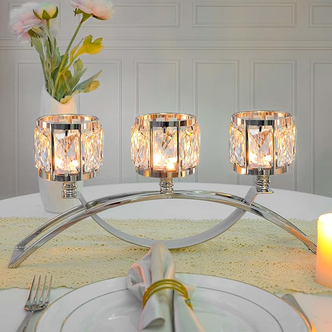3 Arms Crystal Candle Holders, Arch Candlestick Table Candelabras Centerpieces for Wedding, Dinning Room, Cabinet Ornaments, Home Decoration， Gift (Silver, 2 Pcs-3 Arm Arched)