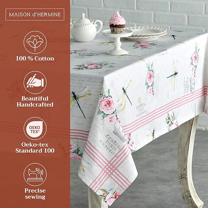 Maison d' Hermine Table Cloth Rectangle Table 100% Cotton 60 x 108 Inches Tablecloth Reusable Decorative for Dining Room Farmhouse Home Valentines Day Decorations Spring Summer - Champ De Mars