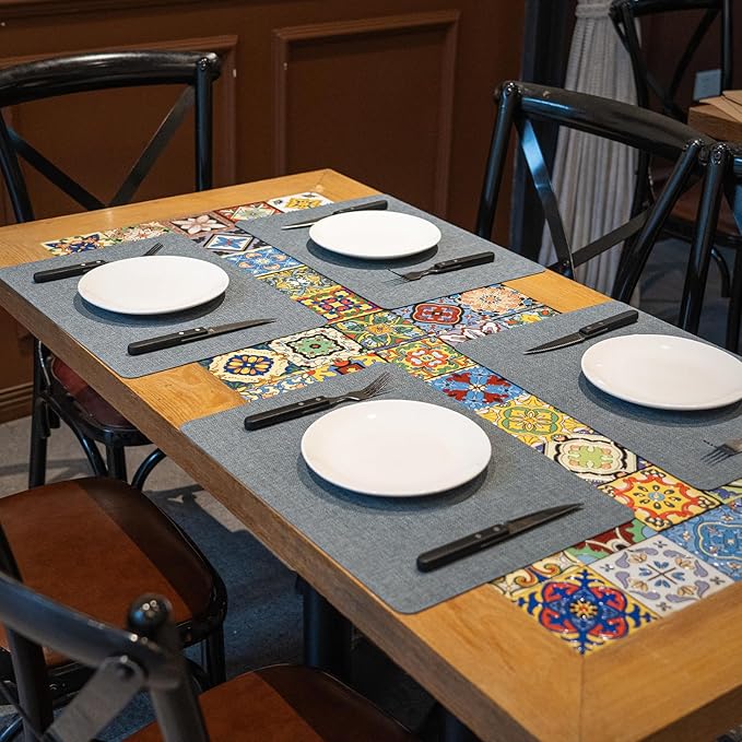 Heat Resistant Placemats Set of 2, 17x12in Waterproof Wipeable Faux Leather Non Slip Table Mats, Easy to Clean, Stain Resistant, for Kitchen Dining Room– Charcoal Blue