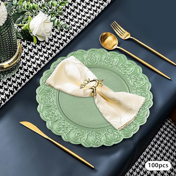 Charger Plates, 100pcs Green 13inch Plastic Dinner Plate, Round Plastic Dinner Plate with Delicate Texture for Parties Wedding (Green)