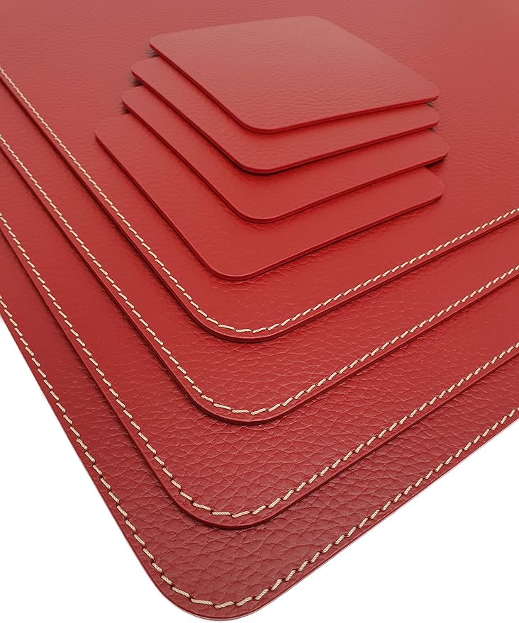 Nikalaz Set of Red Placemats and Coasters, 4 Table Mats and 4 Coasters, Recycled Leather, Place Mats 18'' x 13'' and Coasters 3.9'' x 3.9''