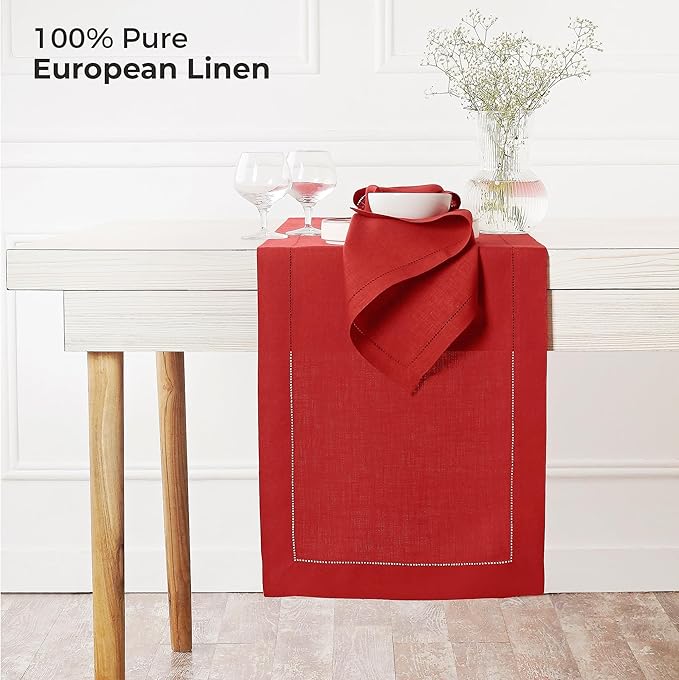 D'Moksha Homes Linen Bright Red Table Runner 120 Inches Long - 100% Pure Linen Hemstitch 14 x 120 Inch Table Runner for Dining, Valentines, Spring, Easter - Classic Hemstitch
