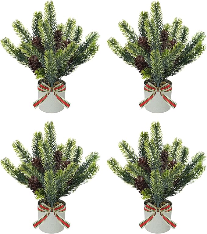 4PCS Christmas Potted Plant, Tabletop Small Christmas Tree with Pine Cones Fake Plants Christmas Greenery for Table Centerpeice Home Office Bathroom Farmhouse Decoration