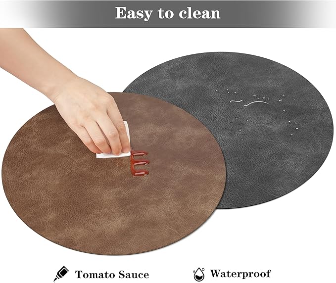Round Placemats and Coasters Set of 4, Washable Reversible Faux Leather Placemats Cowhide Pattern Place Mats Wipeable Non-Slip 15 inch Round Kitchen Dining Table Mats (Gray Light Coffee, 4)