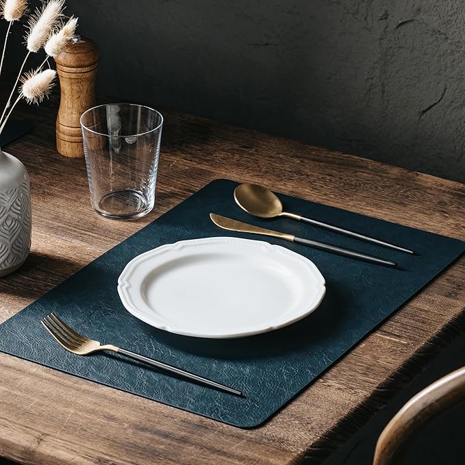 DOLOPL Placemats Set of 12 Reversible Dual-Color Table Placemats– Heat Resistant Wipeable & Washable Place Mats, Luxury Faux Leather Table Mats for Vintage Dining Table Decor(Camel & Navy Blue)