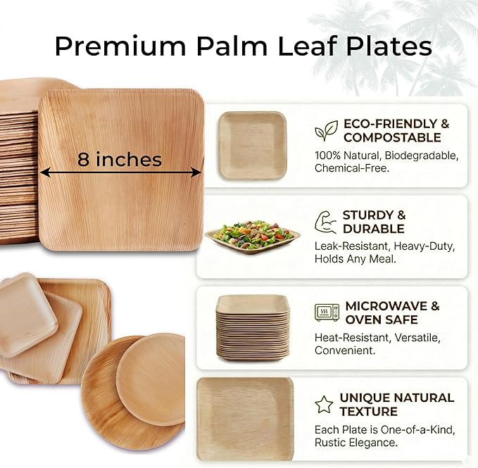 Indie Palm Disposable Palm Leaf Plates – 50 Pack 8 Inch Square – Heavy Duty, 100% Compostable & Biodegradable – Eco-Friendly Alternative to Plastic & Bamboo – Perfect for Parties & Events