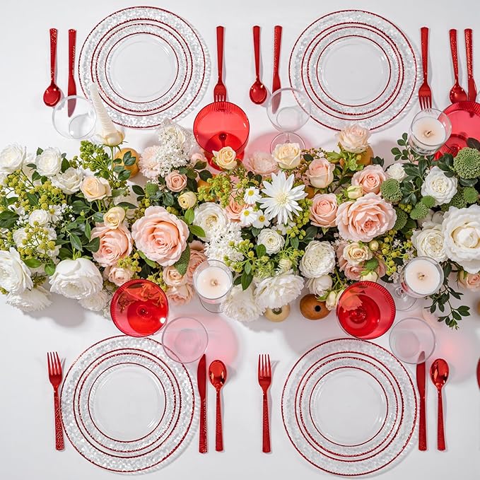 Ciaell 150 PCS Red Plastic Plates – Clear Hammered Disposable Plates with Red Rim include 50Plates, 25Forks, 25Knives, 25Spoons, 25Cups for Wedding & Party & Anniversary & Valentine's Day