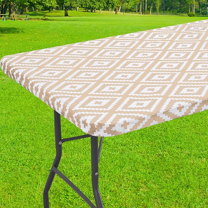 Smiry Rectangle Table Cloth Cover, Waterproof Elastic Fitted Picnic Tablecloth for 6 Foot Tables, Wipeable Flannel Backed Vinyl Tablecloths for Camping, Dining, Outdoor (Khaki, 30" x 72")