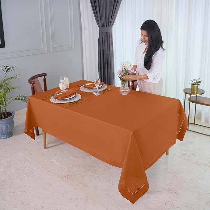 D'Moksha Homes Rust Linen Tablecloth for Rectangle Tables 60 x 102 Inch - Classic Hemstitch 100% Pure Linen Rust Table Cloth - Machine Washable Dining Tablecloth for Spring, Easter
