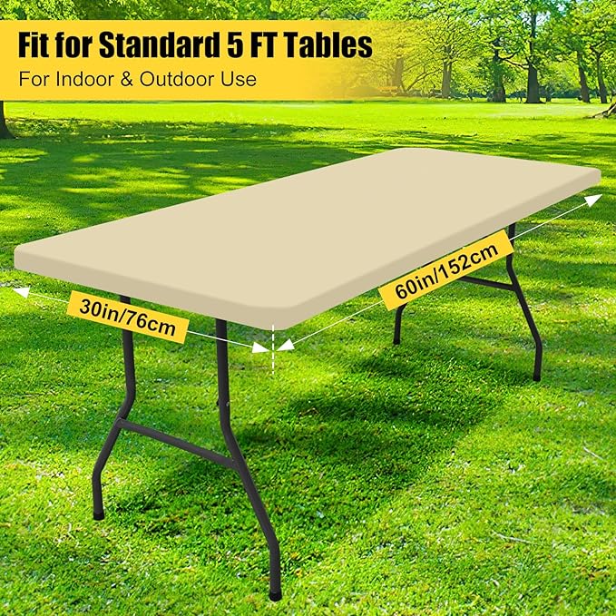 Smiry Rectangle Picnic Table Cloth, Waterproof Elastic Fitted Tablecloths for 5 Foot Tables, Washable Polyester Table Cover for Camping, Indoor and Outdoor (Champagne, 30"x60")