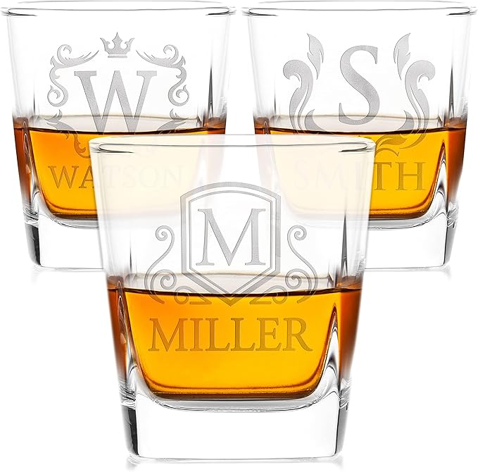 Customization Mill Set of 3, Monogrammed Whiskey Rocks Glasses w/ Name & Initial - Gifts for Men 9 Designs Personalized Bourbon Custom Birthday Dad, Old Fashioned Scotch