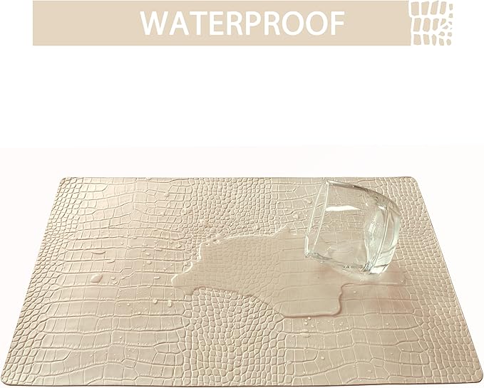 Jovono Faux Leather Placemats Set of 6, Waterproof & Heat Resistant Dinner Place Mats for Dining Table, Non-Slip Crocodile Embossed, Beige (17.8x11.8 Inch)