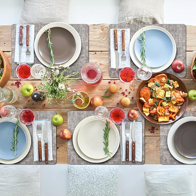 Placemats Set of 6 Washable, Heat Resistant Table Placemats Wipeable Faux Leather Place Mats Non Slip, Waterproof Square Table Mats for Indoor Outdoor, Light Grey