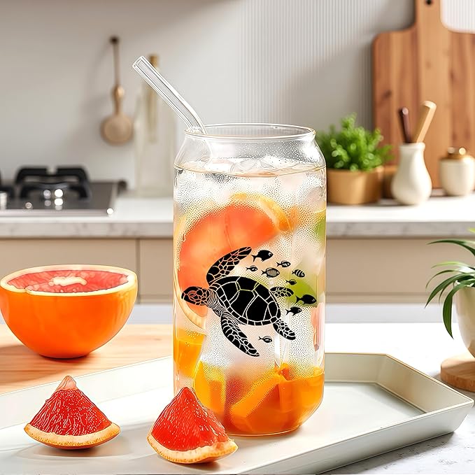 Cute Turtle Glass Cup With Lids And Straws, Turtle Gift For Women, IIced, Coffee, Smoothie, Cocktail, Beer, Whiskey, Soda, Matcha,16 Oz, Home Office Table Desk Decoration!