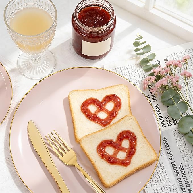 WDF 150Pcs Pink Plates Disposable - Pink and Gold Plastic Plates 25guest Disposable Dinnerware Include 25 Dinner Plate, 25 Dessert Plate, 25 Cutlery & 25 9oz Cups for Wedding, Party, Valentine's Day