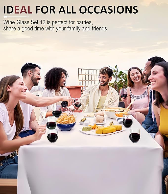 OJA Stemless Wine Glasses Set of 12, 15oz Crystal Red White Wine Glasses, No Stem, Clear, Sturdy Drinking Glass for Daily Use, Birthday, Wedding, Home Party, Anniversary, Shower Gift