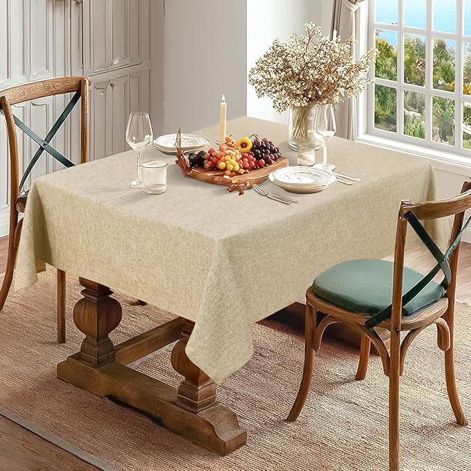 JIUZHEN Rectangle Table Cloth Faux Linen Farmhouse Tablecloth Wrinkle and Stain Resistant Decorative Fabric Table Cover for Kitchen, Dining Room, Parties and Camping, Beige, 60 x 102 Inch