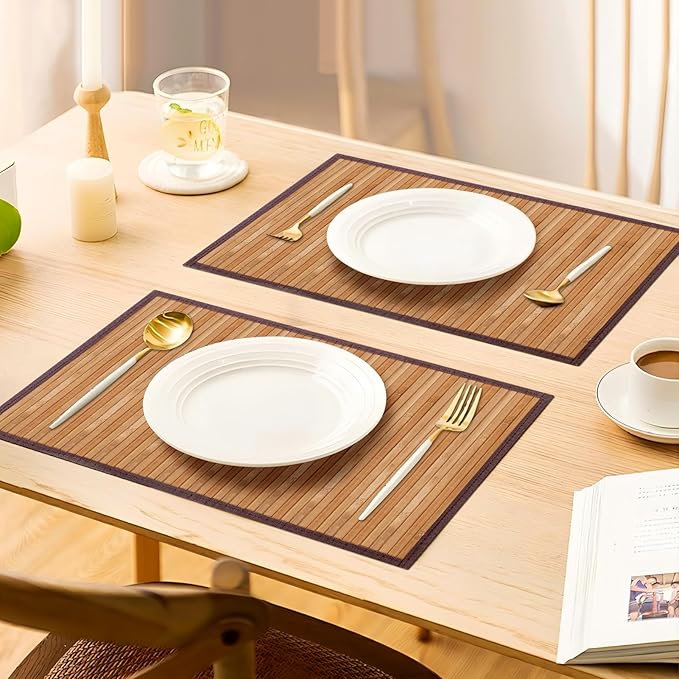 Bamboo Placemats with Fabric Border Set of 4 Natural Bamboo Rectangular Rolling Table Mats for Dining Kitchen Table Heat Resistant Table Protection Light Brown