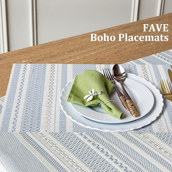 FAVE Blue Boho Vinyl Placemats Set of 6, Durable Woven Place Mats Washable Heat Resistant PVC Table Mats for Parties,Weddings, Dining,Banquet(Blue, 6PCS)