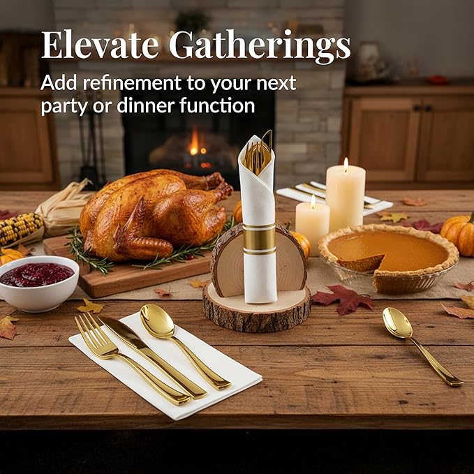Prestee 100 Piece Gold Plastic Silverware Set - 25 Pre-Rolled Plastic Utensils Set with Forks, Knives, Spoons, and White Napkins - Fancy Disposable Flatware for Dinner Parties, Weddings, and Events