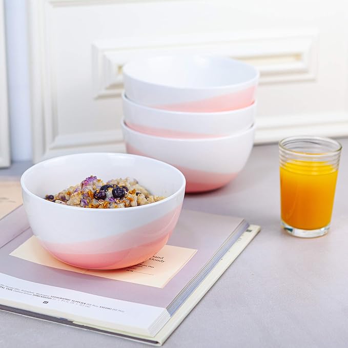 Ombre Cereal Bowls in Jaipur Pink - 34 oz - For Soup, Dessert, Noodle, Salad, Snacks, Serving - Ceramic Porcelain Bowl Set of 4 - Ombre Dinnerware Collection